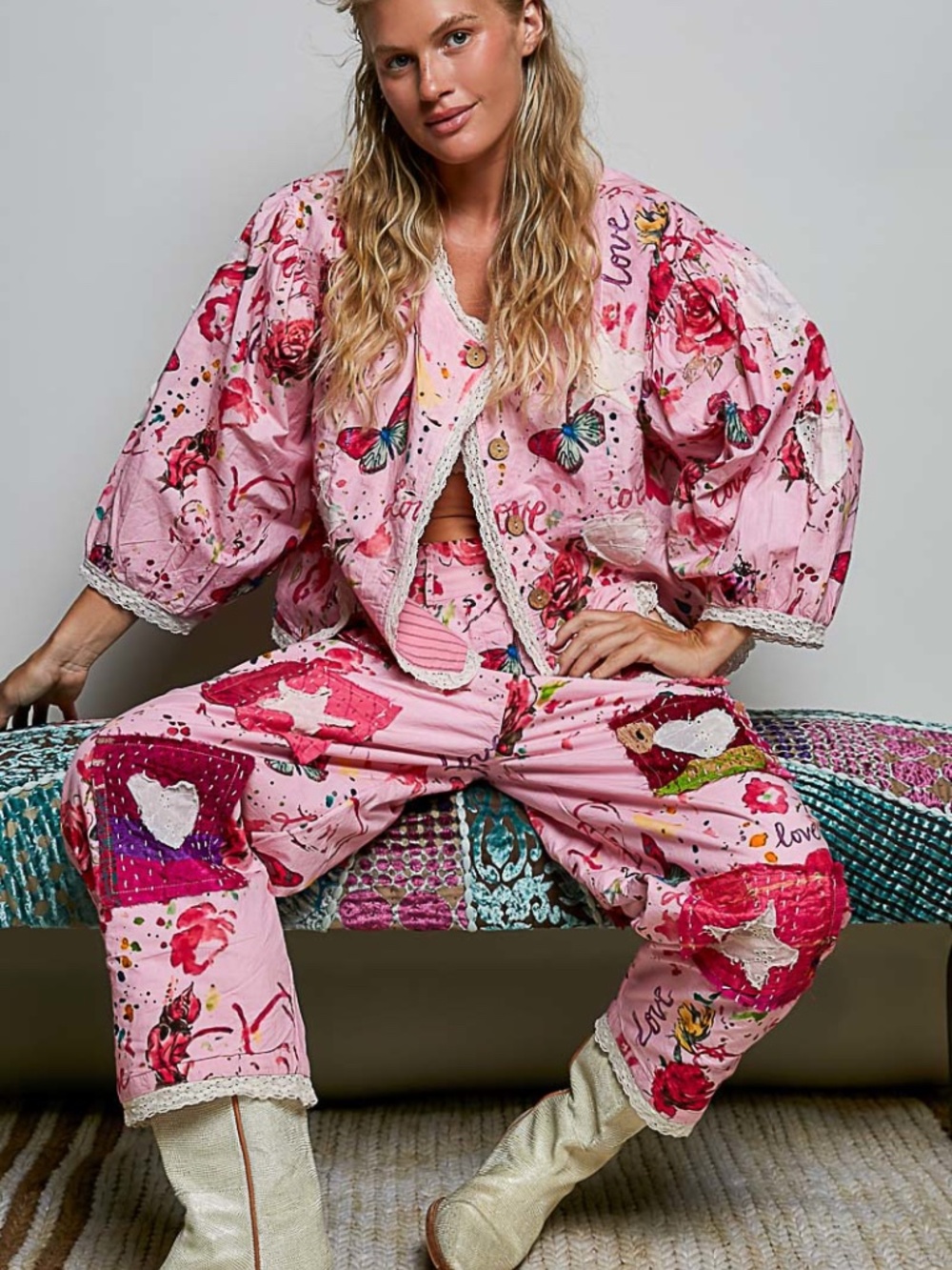POL Pink mix floral Love Star Heart Eyelet Patch Straight Leg Pants